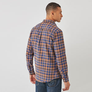 Brown Brushed Flannel Check Long Sleeve Shirt - Allsport