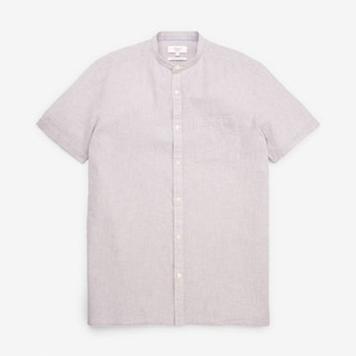 Grey Grandad Collar Regular Fit Linen Blend Short Sleeve Shirt - Allsport