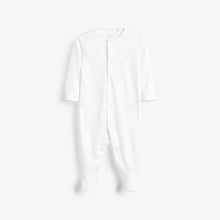 Load image into Gallery viewer, Blue/White 3 Pack GOTS Certified Organic Cotton Sleepsuits (up to 18 months)
