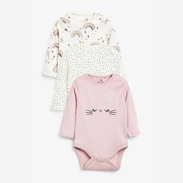 Monochrome 3 Pack Bunny Long Sleeve Bodysuits (0mths-18mths) - Allsport