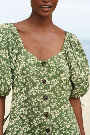 Green Floral Tie Sleeve Button Front Dress - Allsport