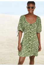 Load image into Gallery viewer, Green Floral Tie Sleeve Button Front Dress - Allsport
