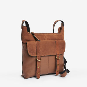 Tan Brown Leather Cross-Body Messenger Bag - Allsport