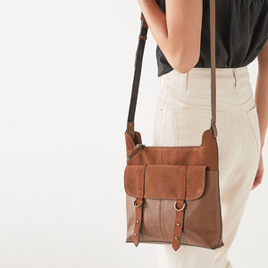 Tan Brown Leather Cross-Body Messenger Bag - Allsport