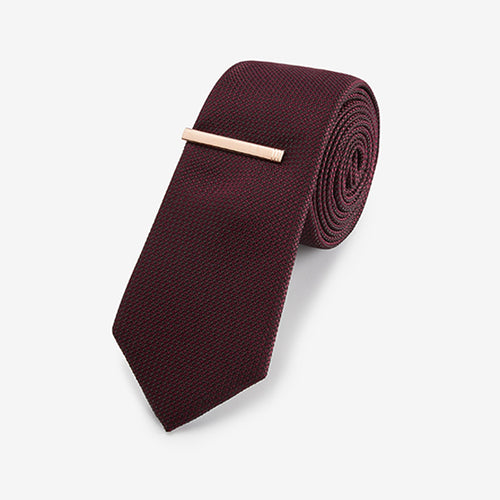 Burgundy Red / Red  Textured Tie With Tie Clip - Allsport