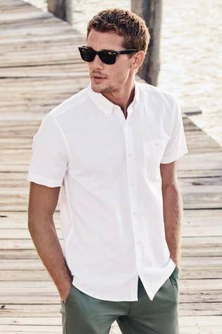 White Regular Fit Linen Blend Short Sleeve Shirt - Allsport