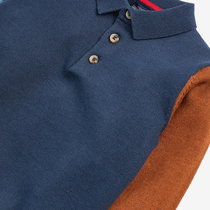 Navy Knitted Colourblock Polo Shirt (3mths-6yrs) - Allsport