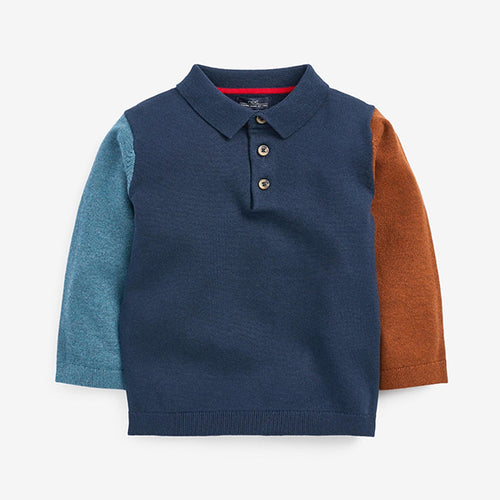 Navy Knitted Colourblock Polo Shirt (3mths-6yrs) - Allsport