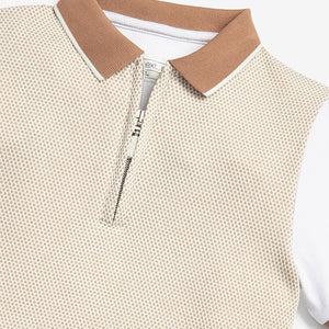 Tan/White Textured Zip Polo Shirt (3-12yrs) - Allsport