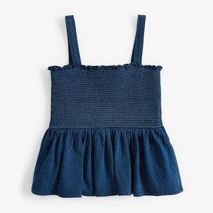 Blue Denim Strappy Shirred Vest (3-18yrs) - Allsport