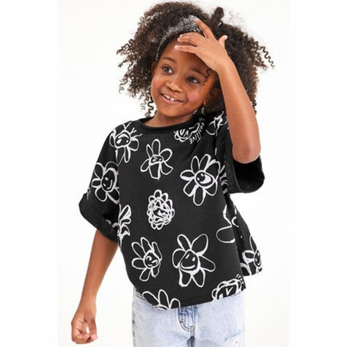 Black Mono Floral Boxy T-Shirt (3yrs-11yrs) - Allsport