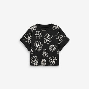 Black Mono Floral Boxy T-Shirt (3yrs-11yrs) - Allsport