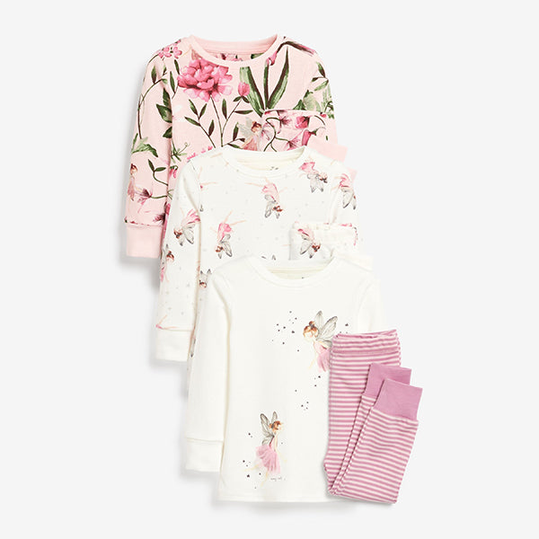 Pink/Cream 3 Pack Fairy Appliqué Snuggle Pyjamas (9mths-8yrs) - Allsport