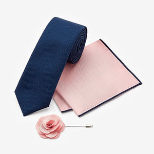 Navy/Pink Slim Tie With Pocket Square And Pin Set