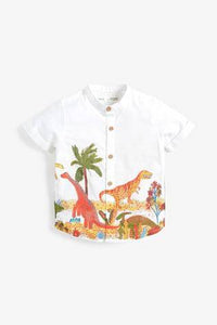 White Short Sleeve Grandad Collar Dino Print Shirt - Allsport