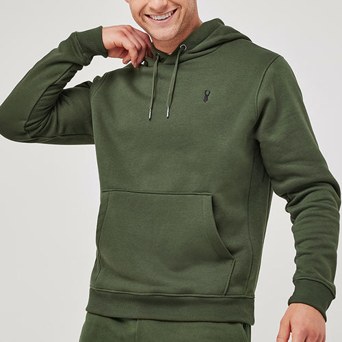 Khaki Green with Stag Emboidered Jersey Hoodie - Allsport
