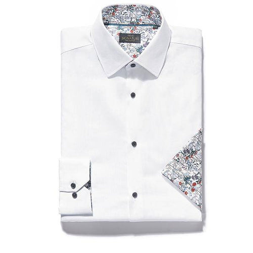 White Regular Fit Single Cuff Signature Contrast Trim Shirt And Pocket Square Set - Allsport