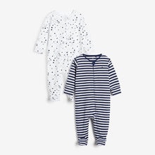 Load image into Gallery viewer, Navy Star/ White Stripe 2 Pack Zip Sleepsuits (0-12mths) - Allsport
