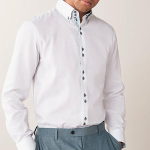 White Texture Regular Fit Single Cuff Shirt With Trim Detail - Allsport