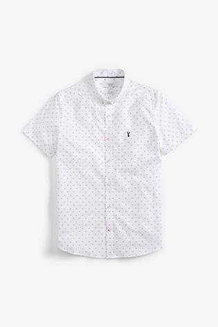 White Slim Fit Print Slim Fit Short Sleeve Stretch Oxford Shirt - Allsport