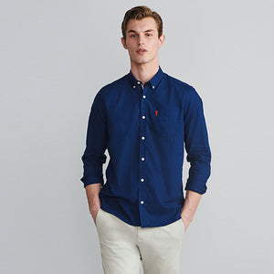 Navy Blue Slim Fit Soft Touch Twill Roll Sleeve Shirt - Allsport