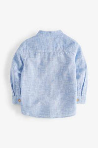 Long Sleeve Linen Mix Grandad Blue Shirt - Allsport