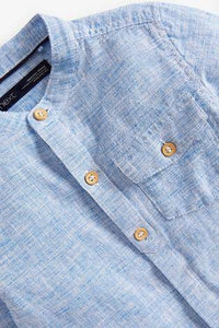 Long Sleeve Linen Mix Grandad Blue Shirt - Allsport