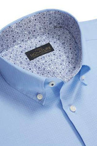 Light Blue Slim Fit Textured Stretch Signature Button Down Shirt With Trim Detail - Allsport