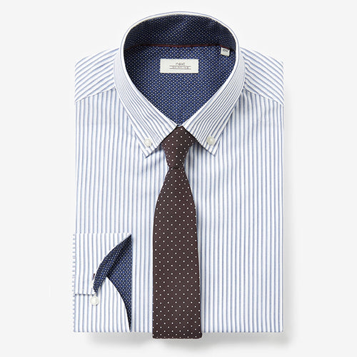 Navy Stripe Check Slim Fit Single Cuff Shirt And Tie - Allsport