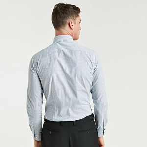 Navy Stripe Check Slim Fit Single Cuff Shirt And Tie - Allsport