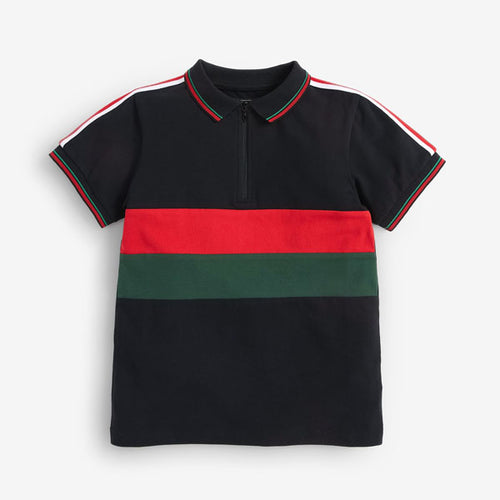 Black Colourblock Zip Neck Polo Shirt (3-12yrs) - Allsport