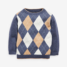 Load image into Gallery viewer, Navy Knitted Argyle Pattern Jumper (3mths-5yrs) - Allsport
