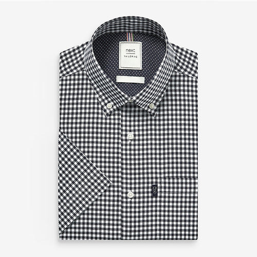 Navy Blue/White Gingham Regular Fit Short Sleeve Easy Iron Button Down Oxford Shirt - Allsport