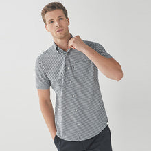Load image into Gallery viewer, Navy Blue/White Gingham Regular Fit Short Sleeve Easy Iron Button Down Oxford Shirt - Allsport
