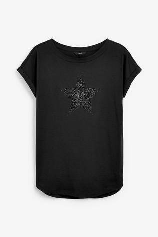 EMBELLISHED STAR BLACK CURVED HEM T-SHIRT - Allsport