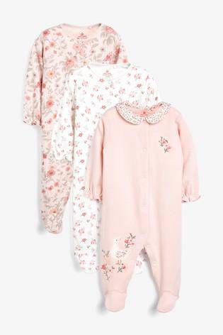 Pink 3 Pack Floral Sleepsuits  (up to 18 months) - Allsport