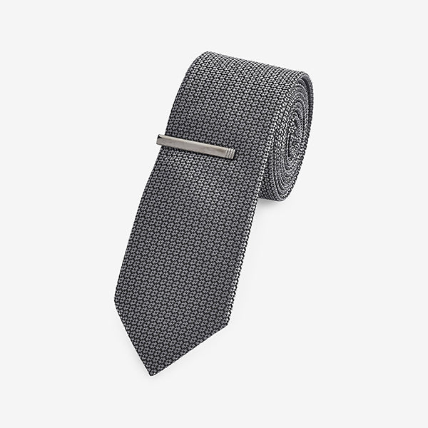 Charcoal Grey Slim Textured Tie With Tie Clip