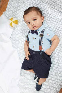 Navy Bear Print Shirt Body, Cord Shorts With Braces And Bow Tie  (up to 18 months) - Allsport