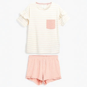 Pink Stripe Ruffle Cotton Short Set Pyjamas - Allsport