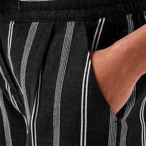 Black and White Stripe Linen Blend Knee Shorts - Allsport