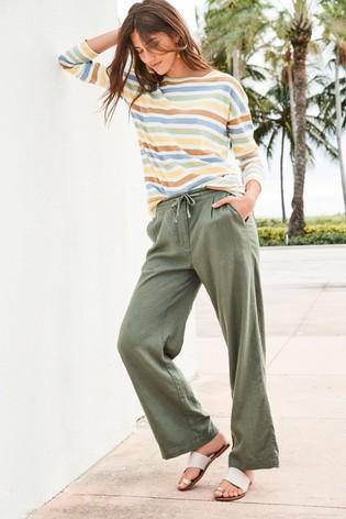 Khaki Linen Blend Wide Leg Trousers - Allsport