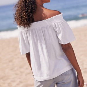 White Flute Sleeve Top With Linen - Allsport