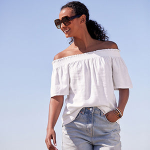 White Flute Sleeve Top With Linen - Allsport