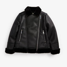 Load image into Gallery viewer, Black PU Faux Fur Lined Biker Jacket (3-12yrs) - Allsport
