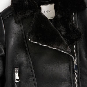 Black PU Faux Fur Lined Biker Jacket (3-12yrs) - Allsport