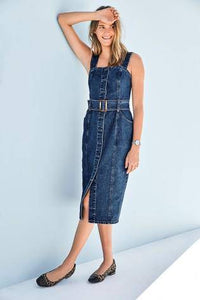 Dark Blue Fitted Belted Denim Dress - Allsport