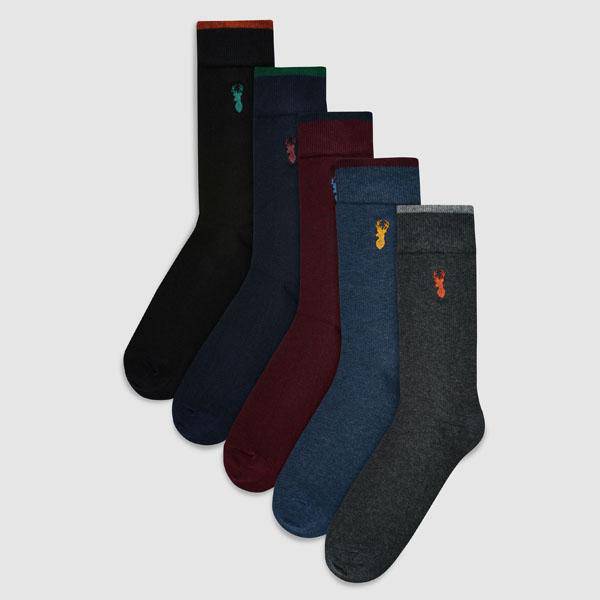 Rich Colour Stag Embroidered Socks Five Pack - Allsport