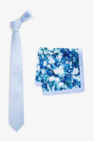 Light Blue Tie With Floral Pocket Square - Allsport