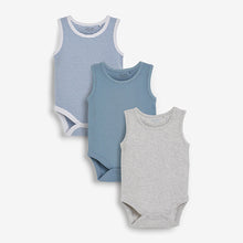 Load image into Gallery viewer, Blue 3 Pack Rib Vest Bodysuits (0mths-18mths) - Allsport
