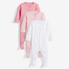 Load image into Gallery viewer, Pink/White 3 Pack Cotton Baby Sleepsuits (0-2yrs)
